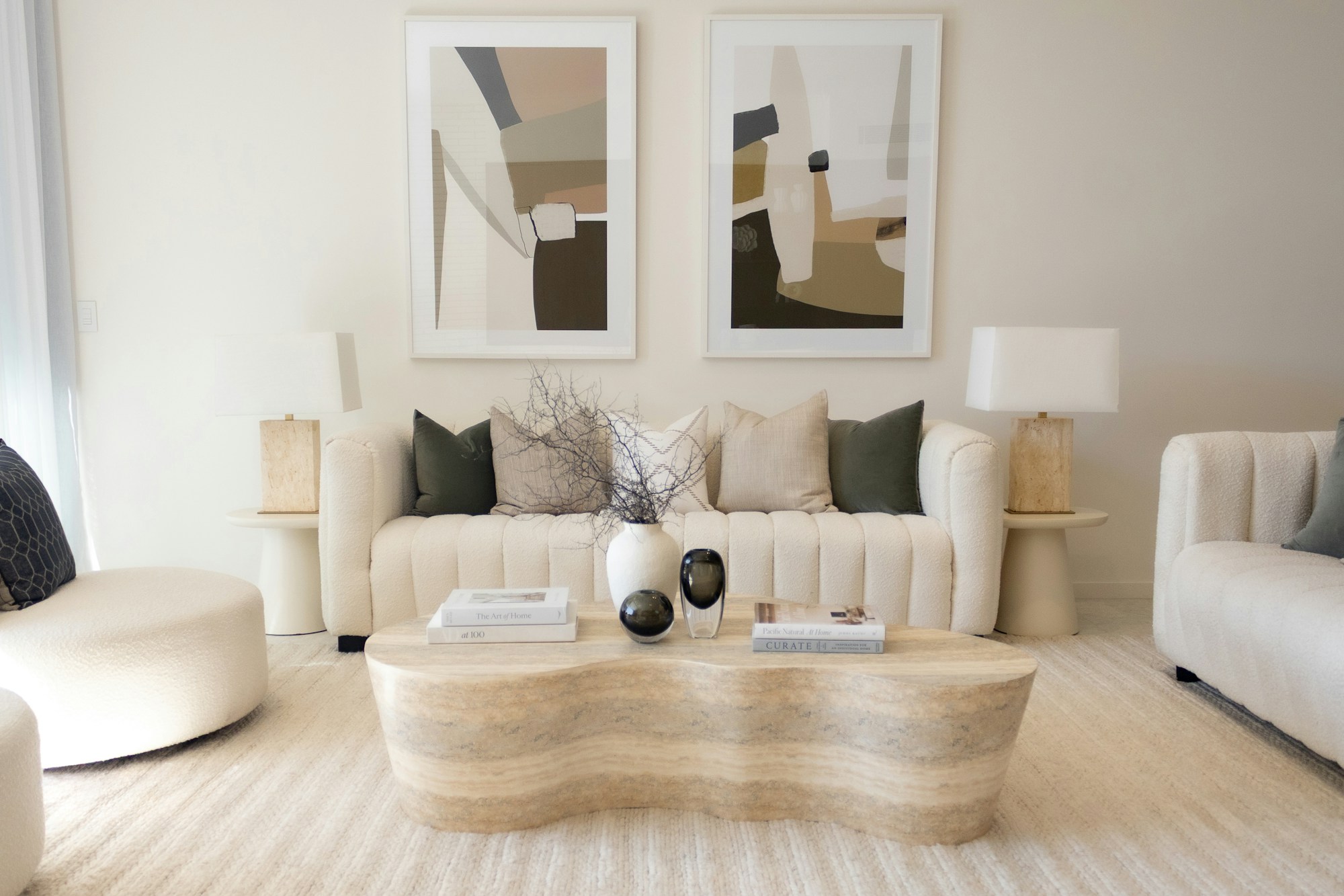 Refined living room interior with neutral tones and considered styling