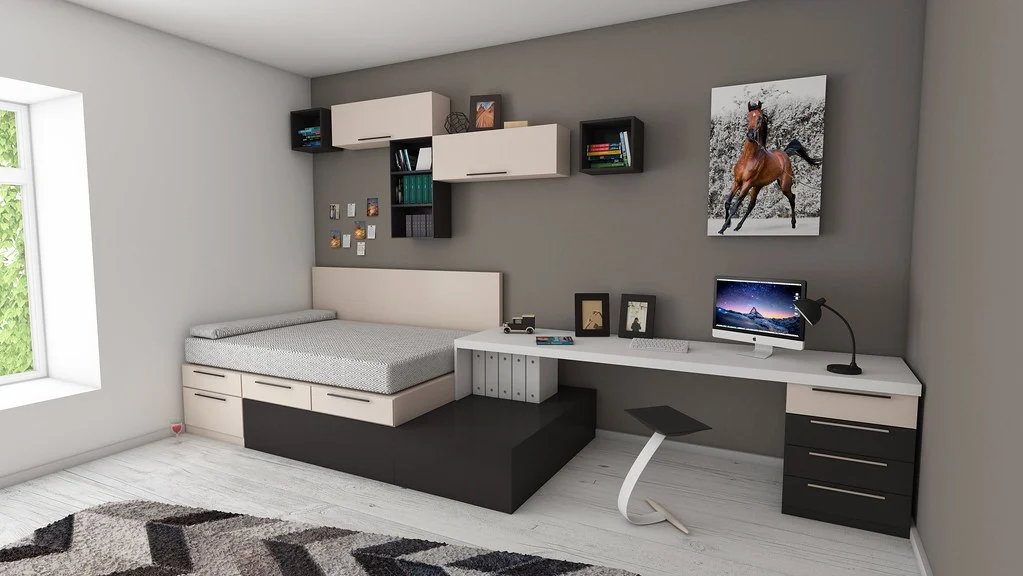 Bedroom with custom wood bed frame